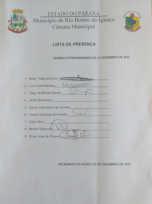 Lista de Presença dos vereadores no dia 22 de dezembro de 2022